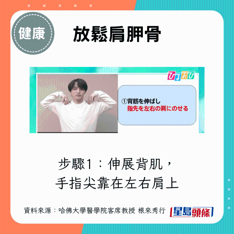 步骤1:伸展背肌,手指尖靠在左右肩上