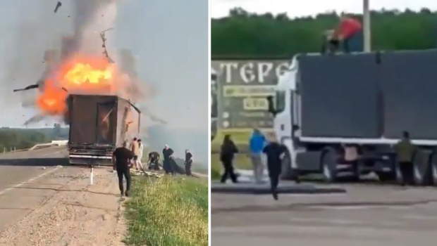 网传俄罗斯民众爬上货车，企图砸毁乌克兰的无人机。