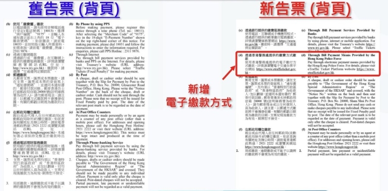 在新告票的背页，则新增电子缴款方式。