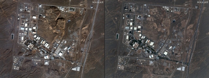 以色列当局表示，以军已经摧毁伊朗纳坦兹的主要铀浓缩设施。图左为拍摄于今年1月24日的卫星图，图右为以色列攻击后6月14日所拍摄。