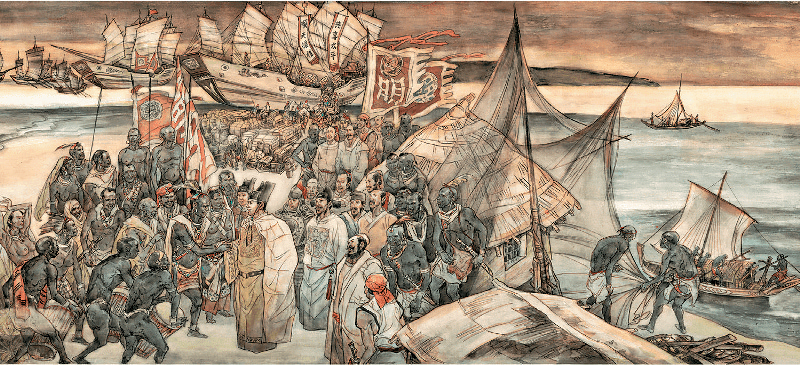 《郑和下西洋》包含了300多个场景、17,000多个人物,以及过千只动物,描绘了船队远达东非30多个国家的艰辛历程。 《郑和下西洋》包含了300多个场景、17,000多个人物,以及过千只动物,描绘了船队远达东非30多个国家的艰辛历程。