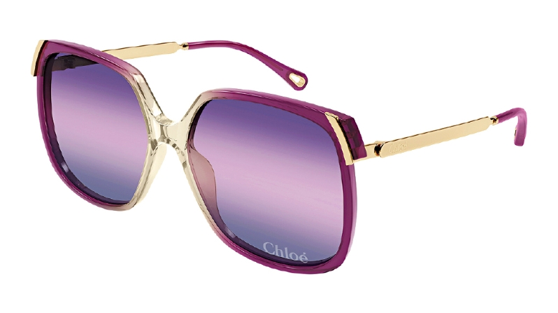 Chloé特大方框太阳眼镜配以醋酸纤维前框和金属镜臂，复古的三层渐变色镜片，其中左镜片更以雷射雕刻上品牌标志。（$3,340）