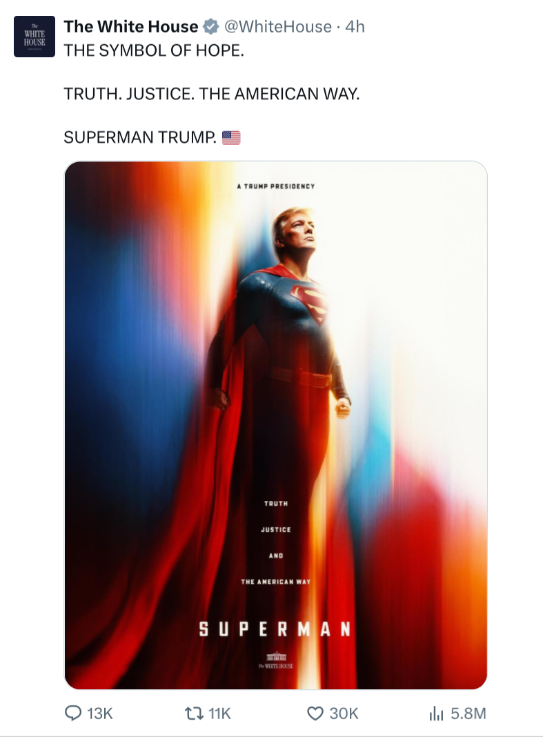 白宫张贴了特朗普超人的照片，互联网播放：官