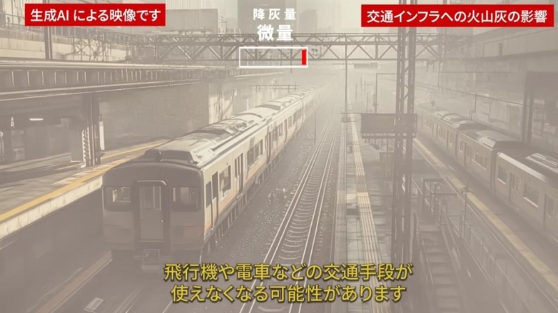 AI影片，模拟火山灰覆盖东京多地的情景，例车停驶。