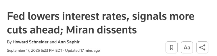 路透社报道,新提名的美联储理事米兰对下调25个基点表示反对,支持下调50个基点 路透社报道,新提名的美联储理事米兰对下调25个基点表示反对,支持下调50个基点