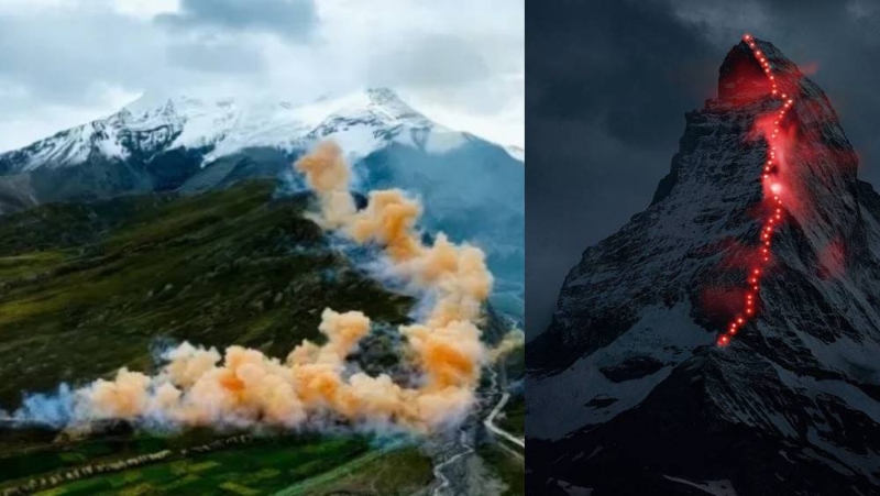 始祖鸟“烟花秀”(左图)被质疑抄袭猛犸象“灯光火龙”(右图) 始祖鸟“烟花秀”(左图)被质疑抄袭猛犸象“灯光火龙”(右图)