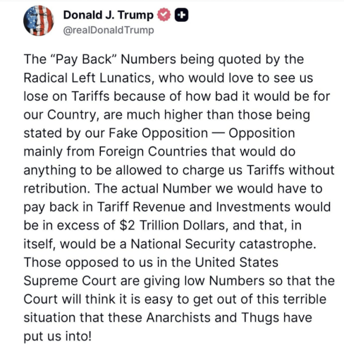 特朗普发帖，强调若法院最终裁定其动用IEEPA征收关税的行为违法，所造成的后果将远超外界预期。