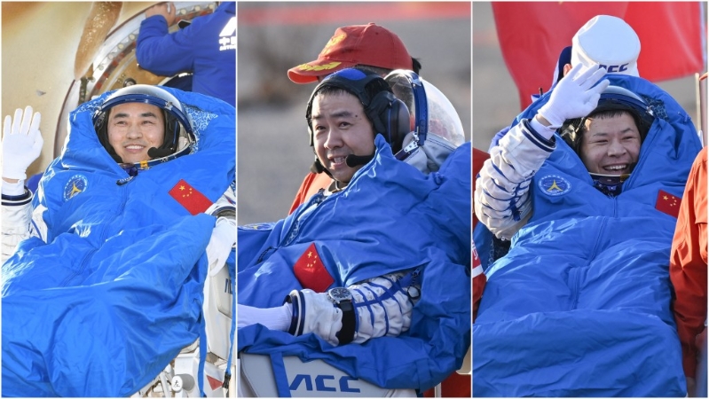 神舟二十号航天员（左起）陈中瑞、陈冬、王杰全部安全顺利出舱