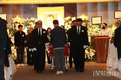 许绍雄的灵柩由其生前好友杜燕歌、曾伟明、麦长青、罗乐林、欧阳震华、关礼杰、苗侨伟、阮兆祥扶灵。