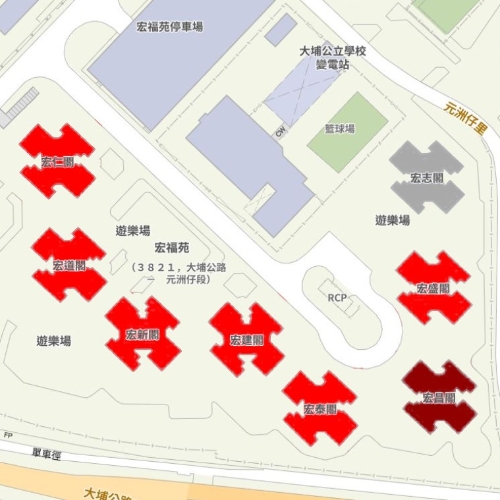 宏福苑8座大厦，宏昌阁（暗红）最先起火，之后蔓延至其他大厦，仅宏志阁（灰）幸免。