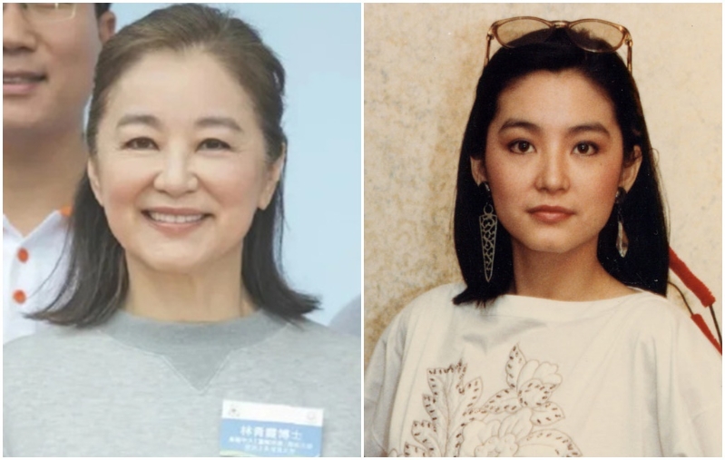 林青霞不刻意遮掩白发、纹路。右为29岁的林青霞