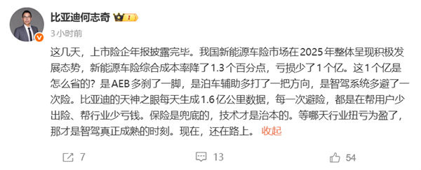 比亚迪何志奇：辅助驾驶让新能源车险少亏了1个亿