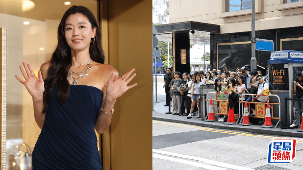 全智贤闪现中环6分钟任影尽展亲民魅力，深蓝Tube Dress现健康肤色，近百名粉丝围观
